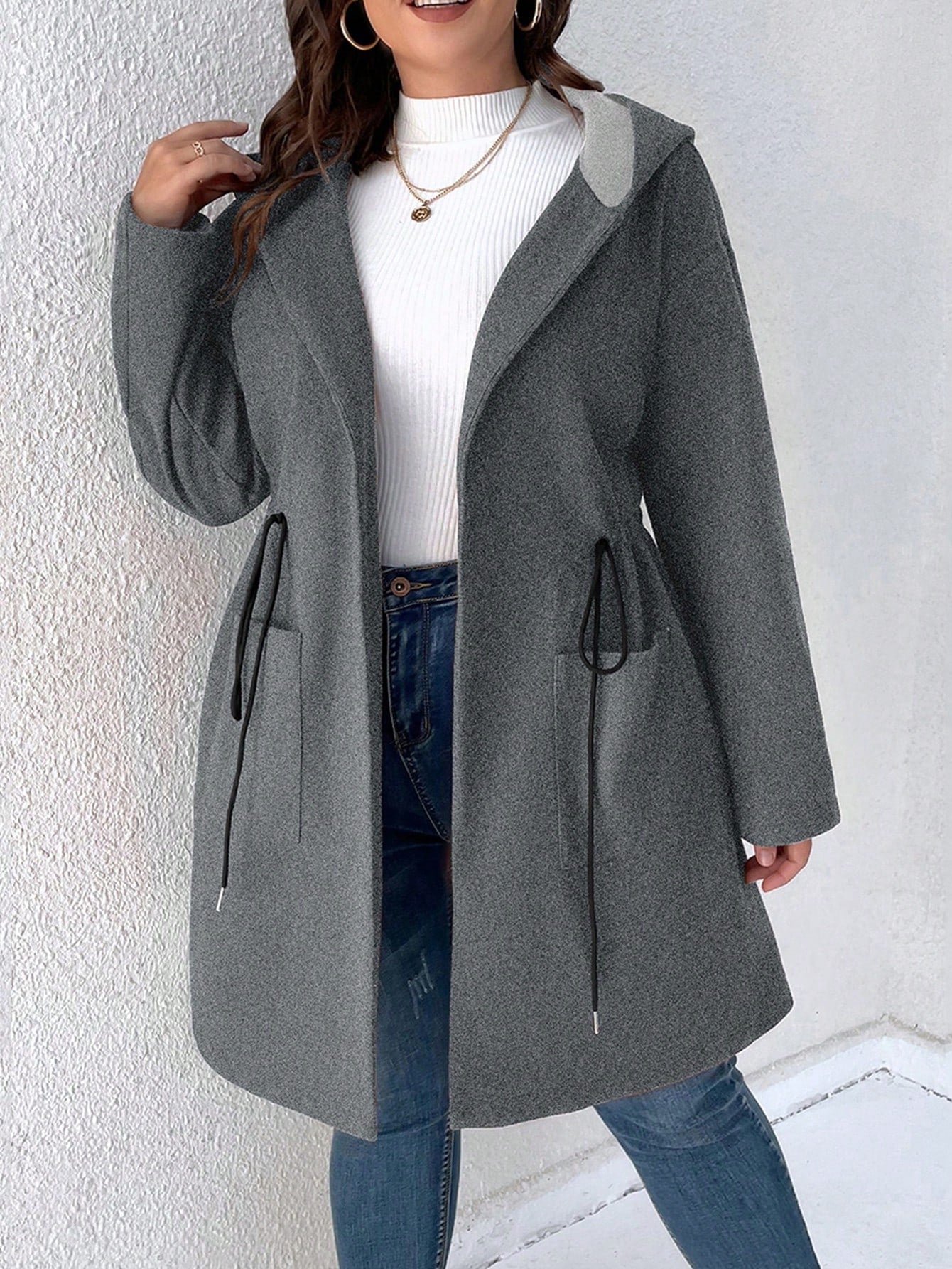 Plus Drawstring Waist Dual Pocket Hooded Overcoat