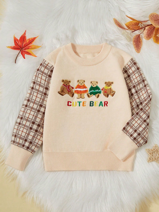 Young Boy Cartoon & Plaid Pattern Sweater