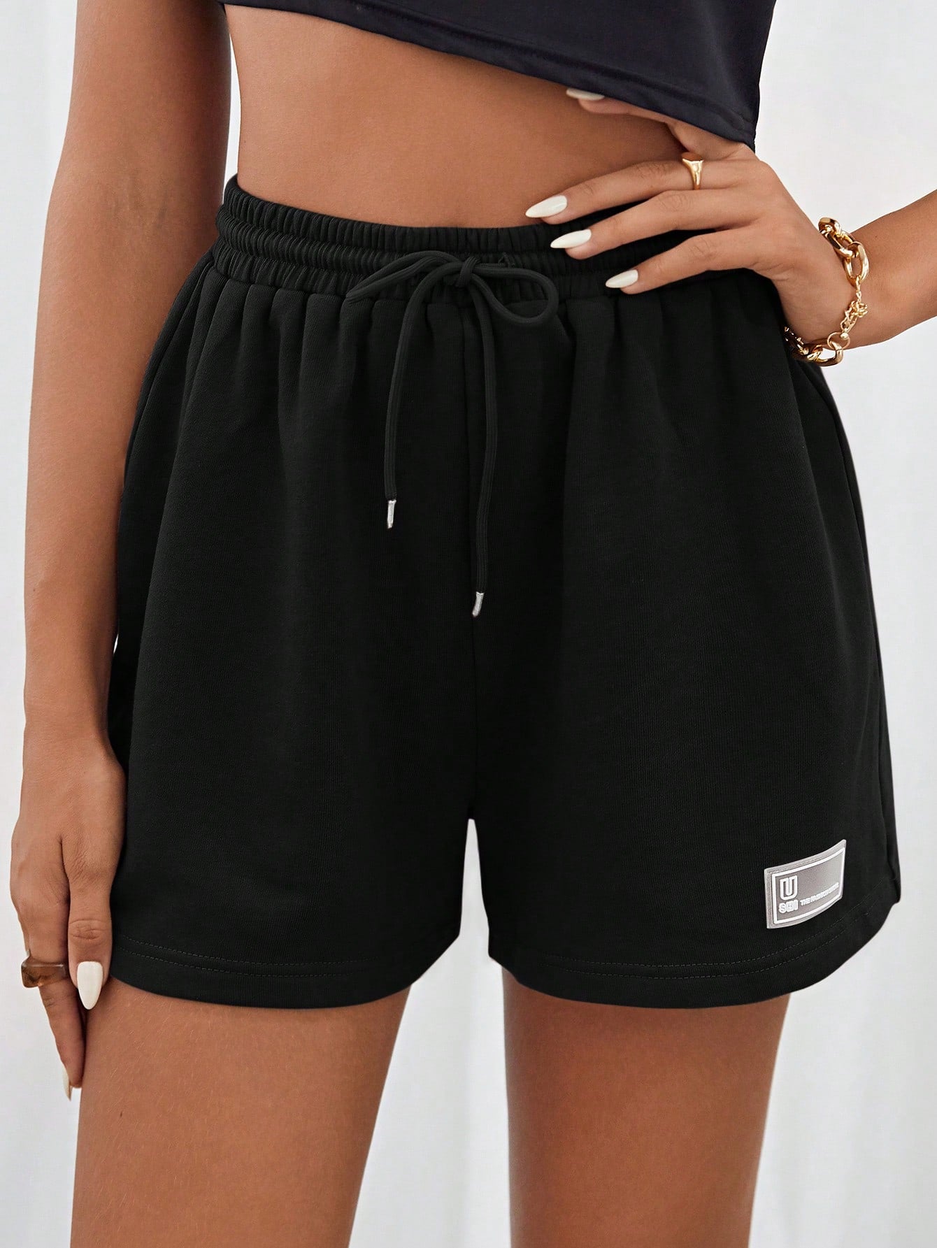 Drawstring Waist Patched Detail Shorts