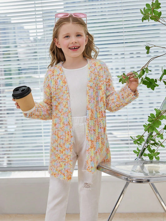 Young Girl Marled Knit Drop Shoulder Open Front Cardigan