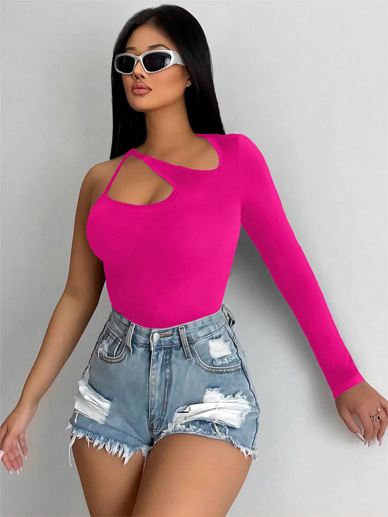 Solid Cut Out Asymmetrical Neck Slim Fit Top