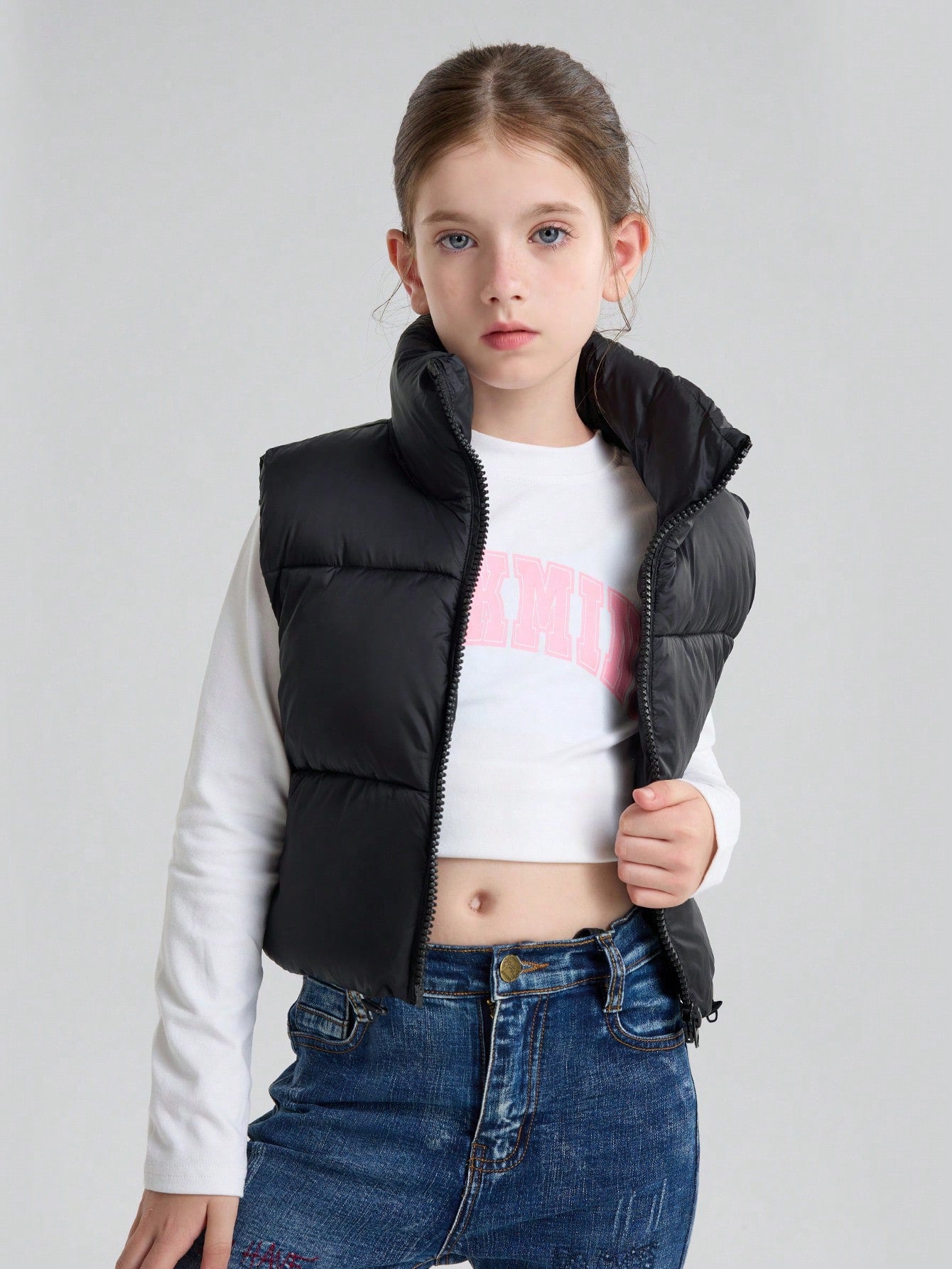 Tween Girl Stand Collar Zipper Short Down Vest Winter Clothing