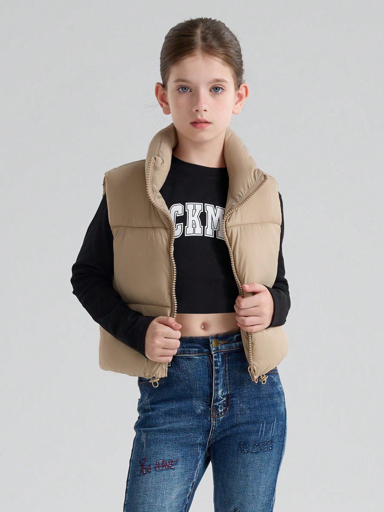 Tween Girl Stand Collar Zipper Short Down Vest Winter Clothing