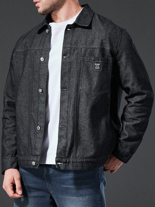 Men Plus Letter Patched Detail Denim Jacket