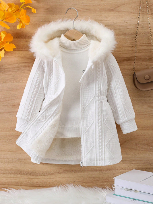 Young Girl Fuzzy Trim Hooded Thermal Lined Coat Without Sweater