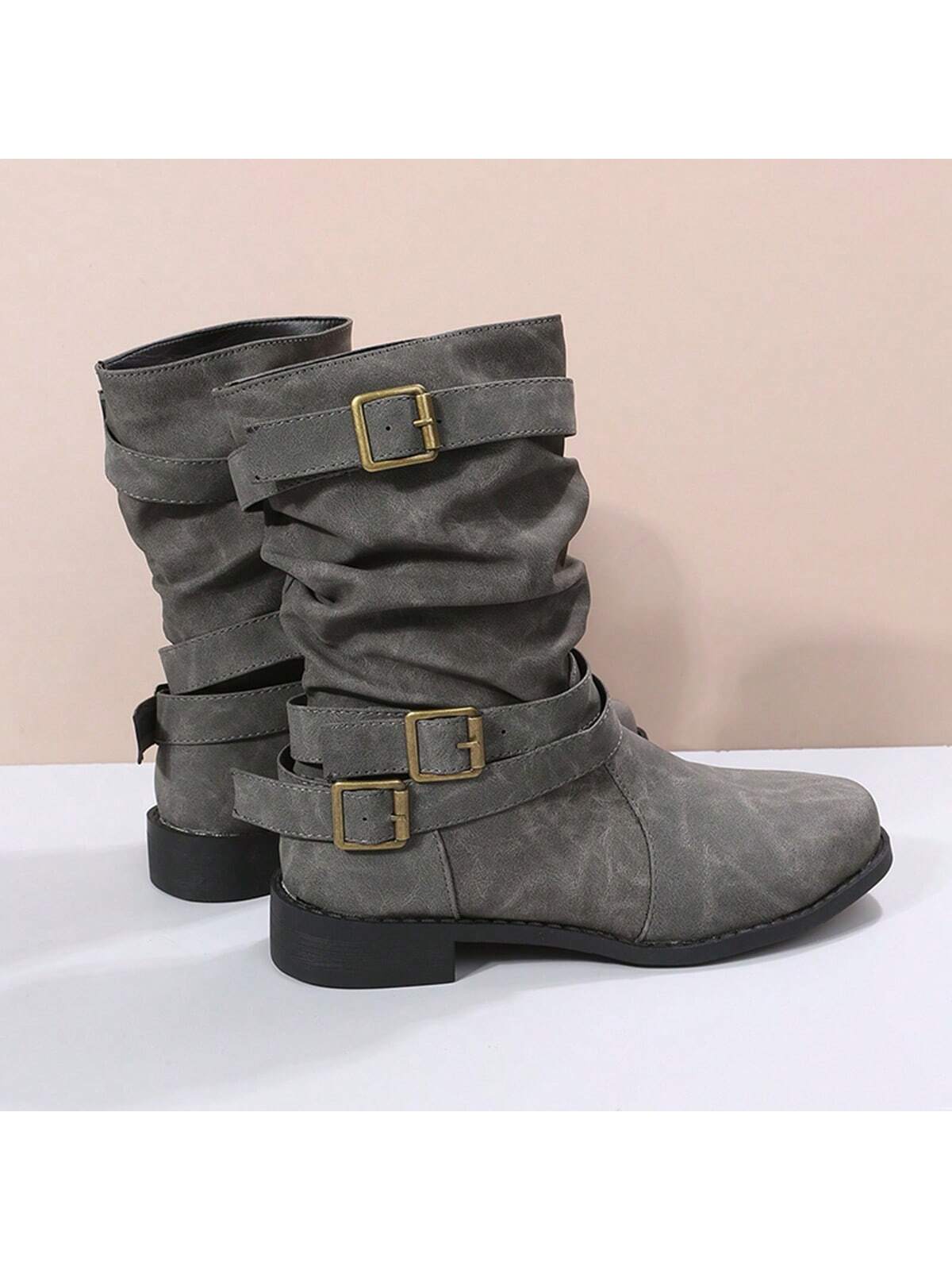 Women's Retro Style Motorcycle Boots With Pointed Toe, Flat Heel, Short Barrel, Gray, Fall/winter