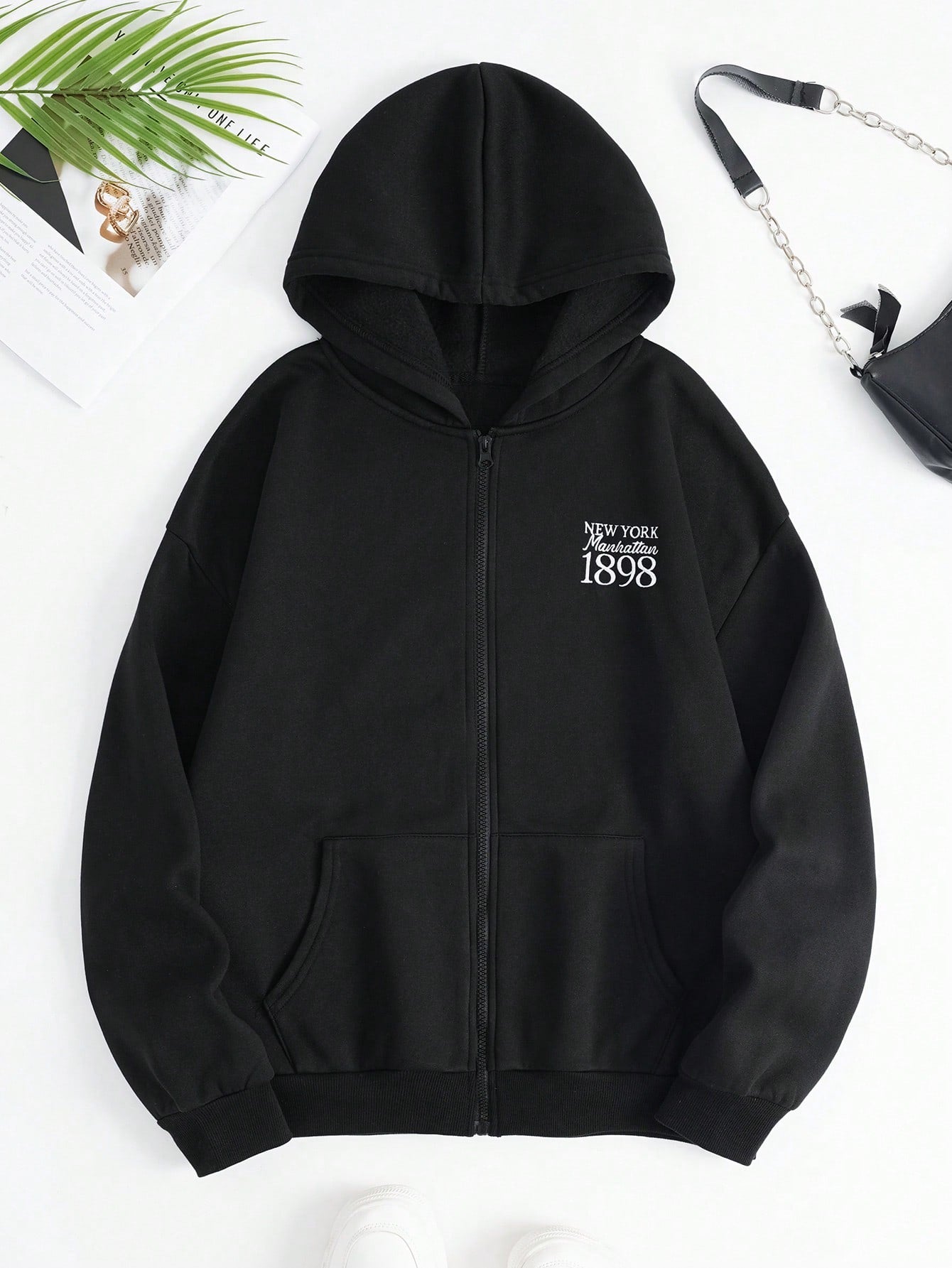 Solid Drawstring Pocket Zip Up Thermal Lined Hoodie