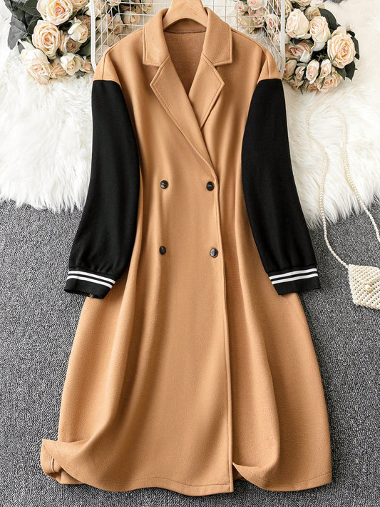 Plus Colorblock Double Breasted Lapel Neck Overcoat