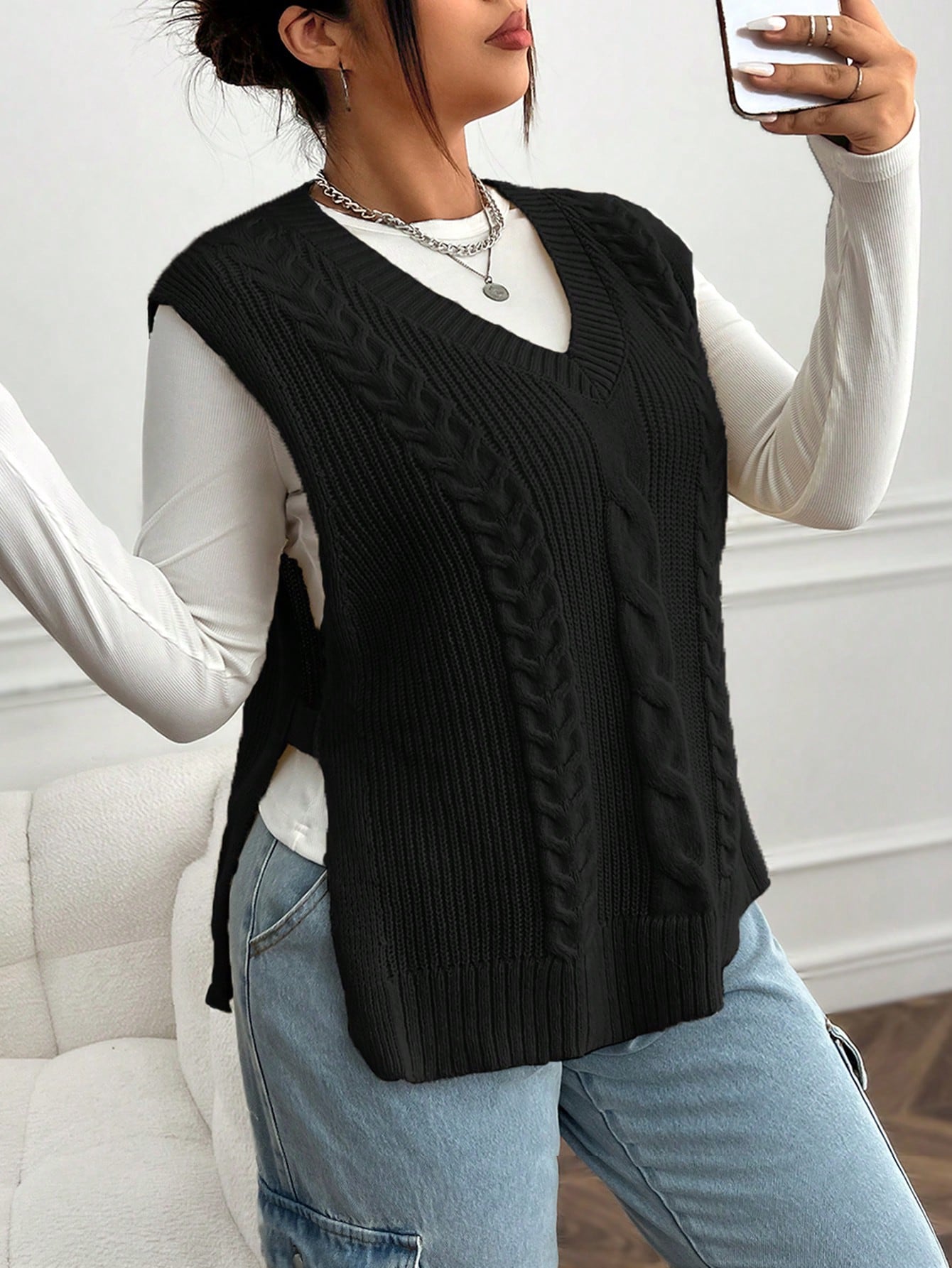 Plus Cable Knit Split Hem Sweater Vest Without Tee