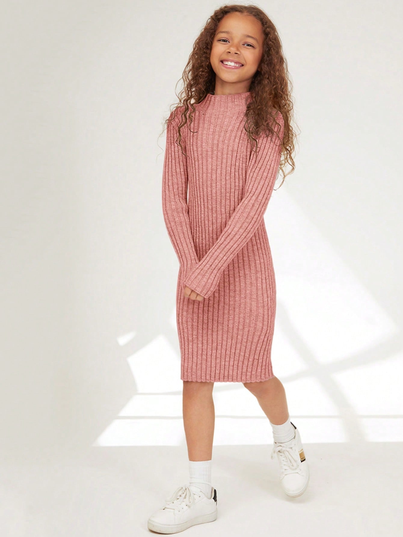 Tween Girl Mock Neck Ribbed Knit Sweater Dress