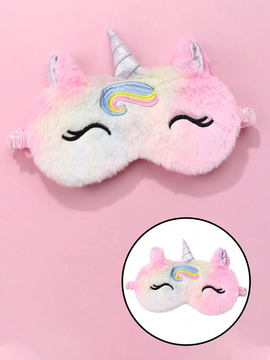 1pc Girls' Rainbow Plush Fabric Random Color Gradient Unicorn Eye Embroidery Cute Resting/sleeping Eye Mask For Daily Use