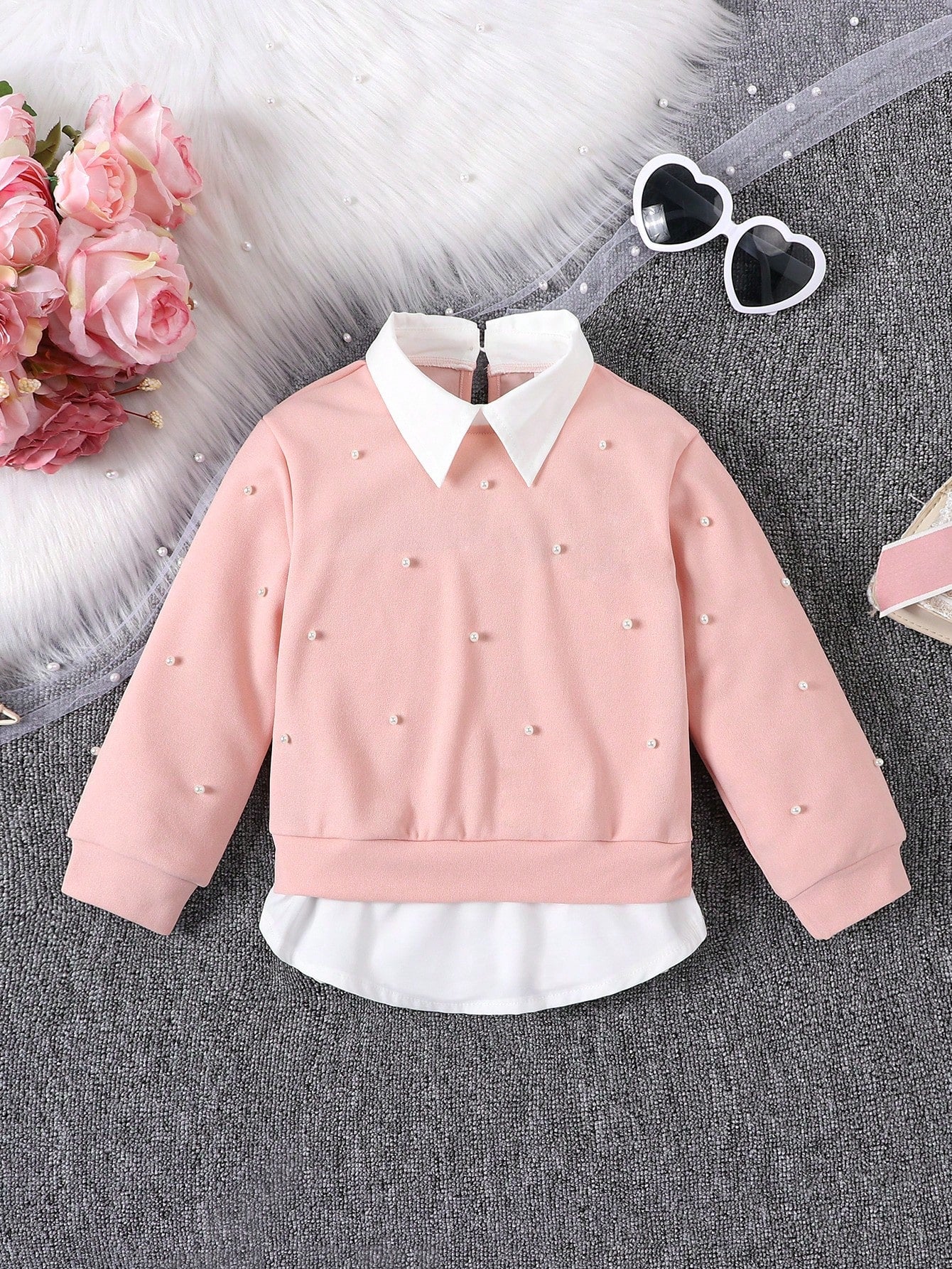 Young Girl Pearl Beaded Contrast Collar 2 In 1 Sweatshirt