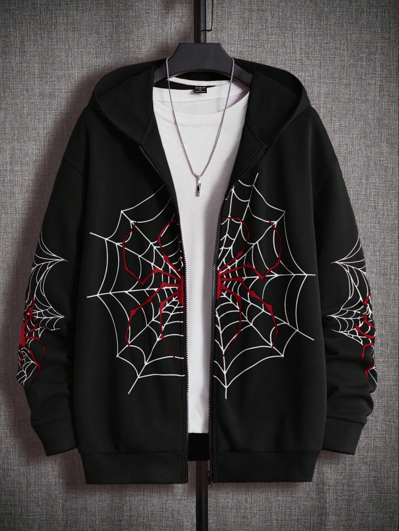 Loose-Fit Men's Spider Web Print Zip-Up Hoodie Without T-Shirt