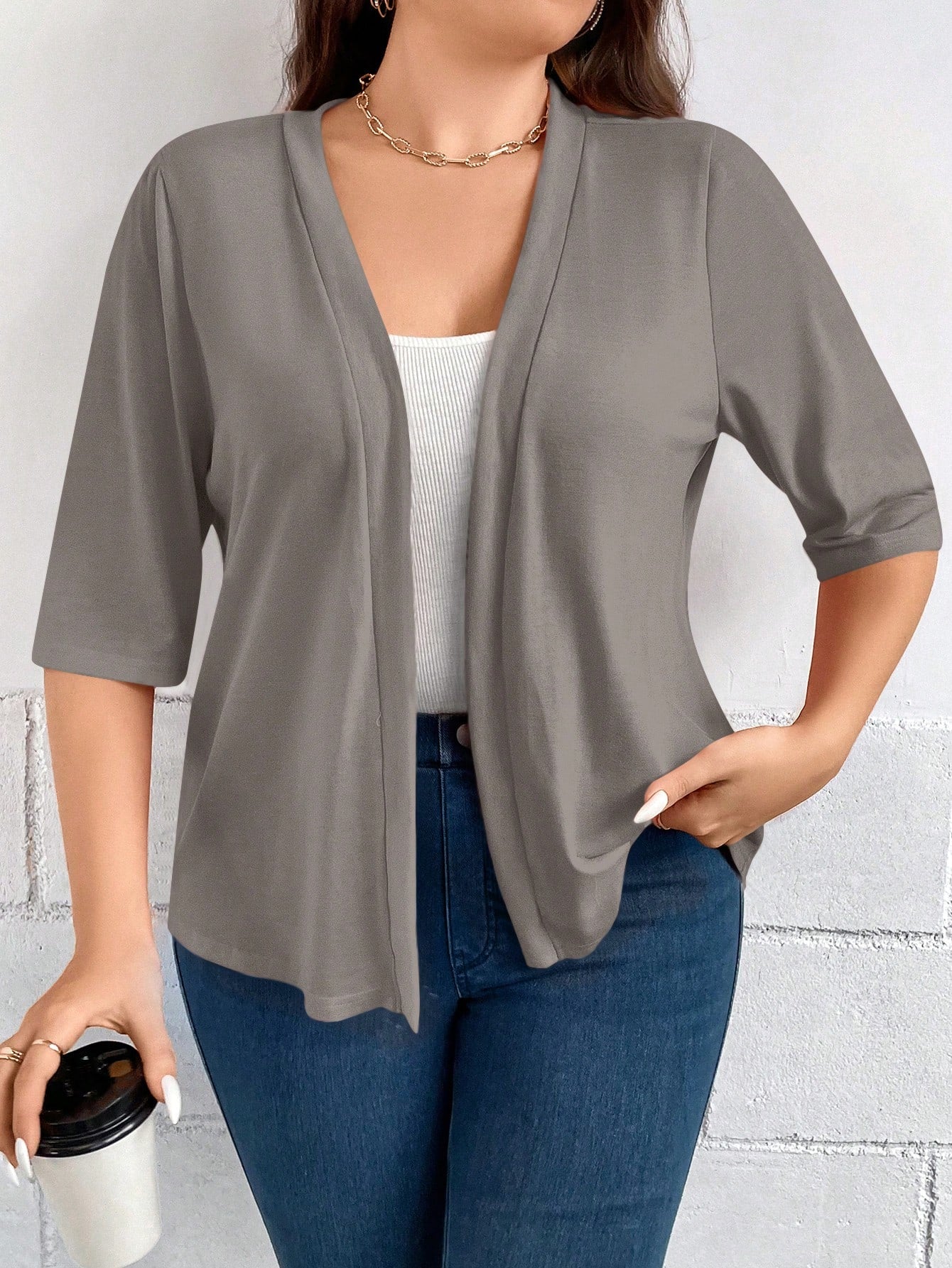 Plus Size Women's Summer Solid Color Short Sleeve Open-Front Casual Jacket