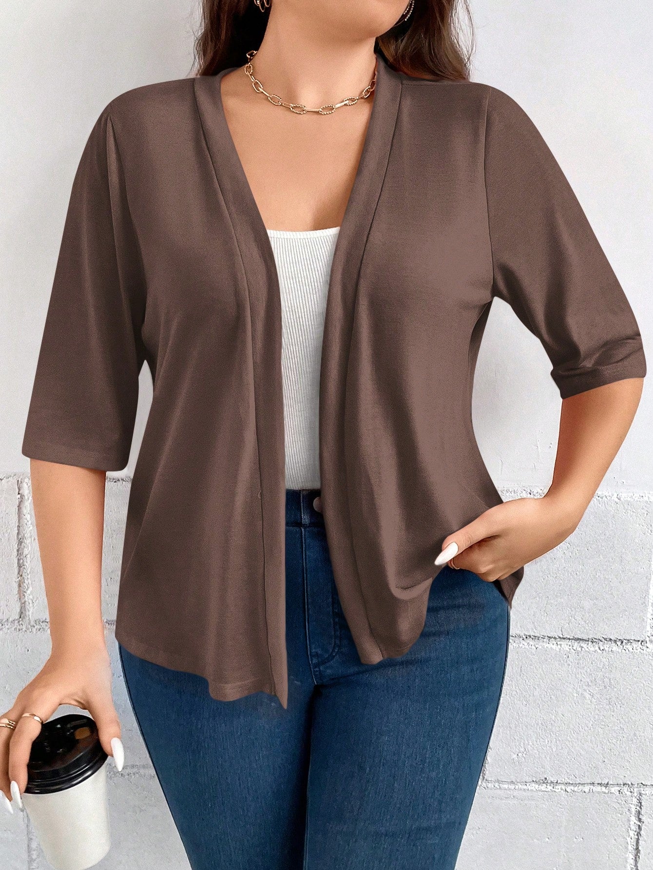 Plus Size Women's Summer Solid Color Short Sleeve Open-Front Casual Jacket