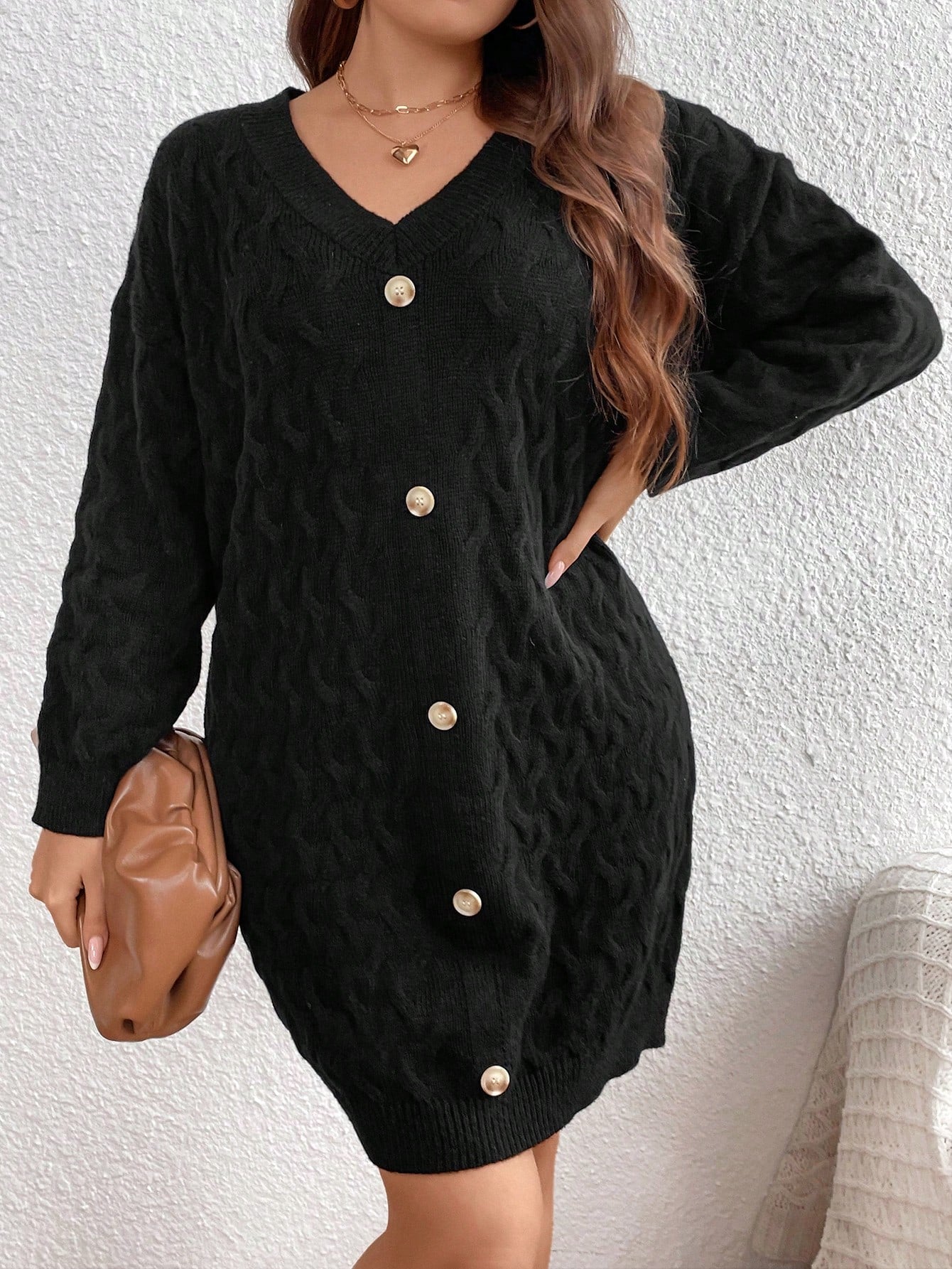 Plus Cable Knit Drop Shoulder Button Front Sweater Dress