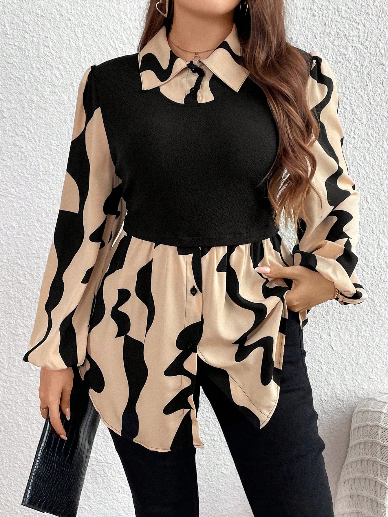 Plus Size Women's Leopard Print Long Sleeve Shirt Collared Top Fall Women Clothes