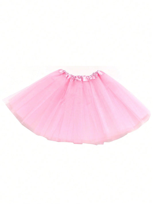 Young Girl Solid Color Tutu Skirt With Mesh Fabric, Suitable For Casual And Stage Performance