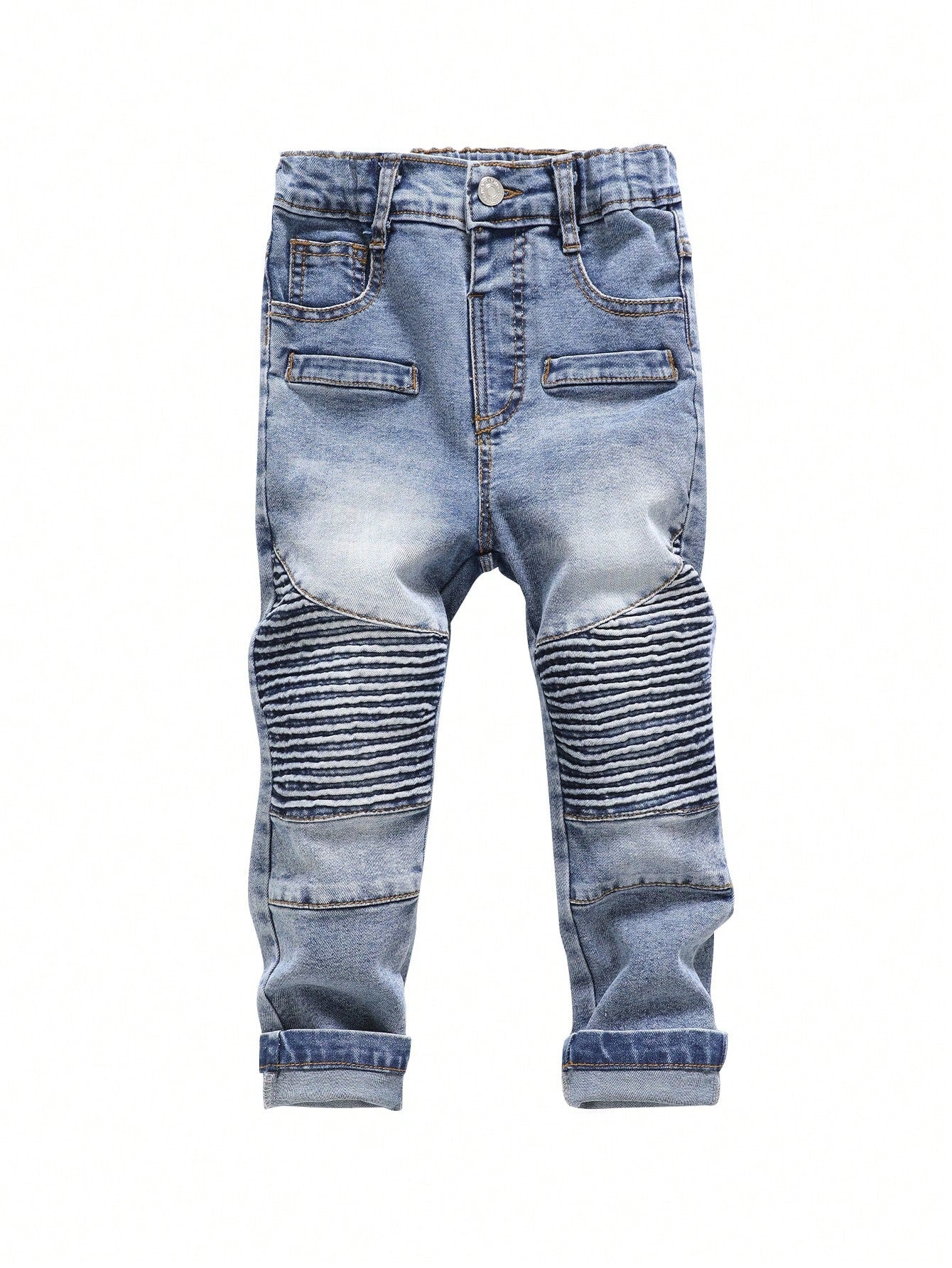 Young Boy All-Match Casual Modern Street Style Cat Whisker Craftwork Embroidery Detail Adjustable Elastic Waist Five-Pocket Skinny Jeans, All-Season Must-Have Fashionable Denim Item