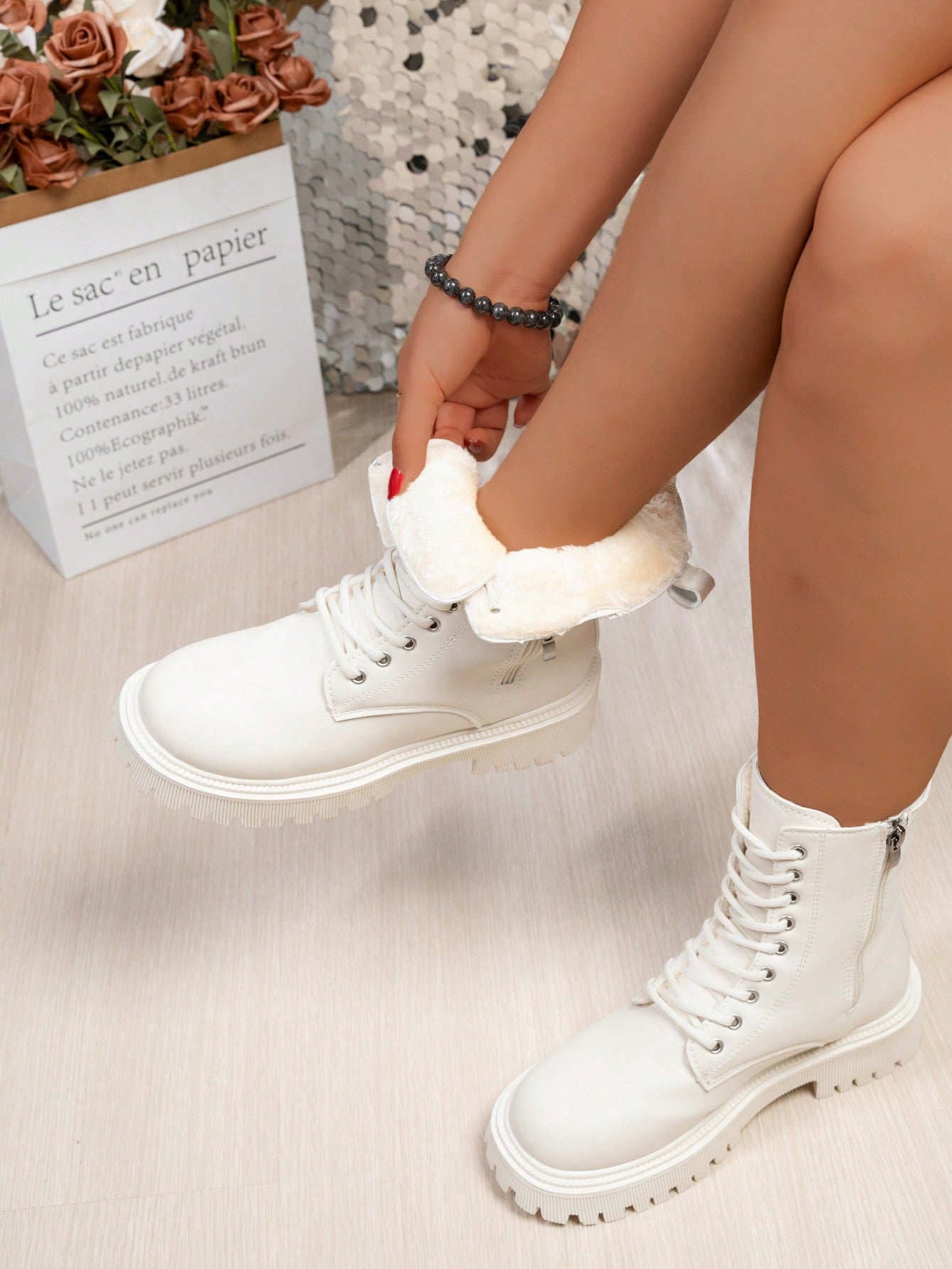 Women's White Fleece Lined Short Boots, Autumn And Winter Ankle Boots