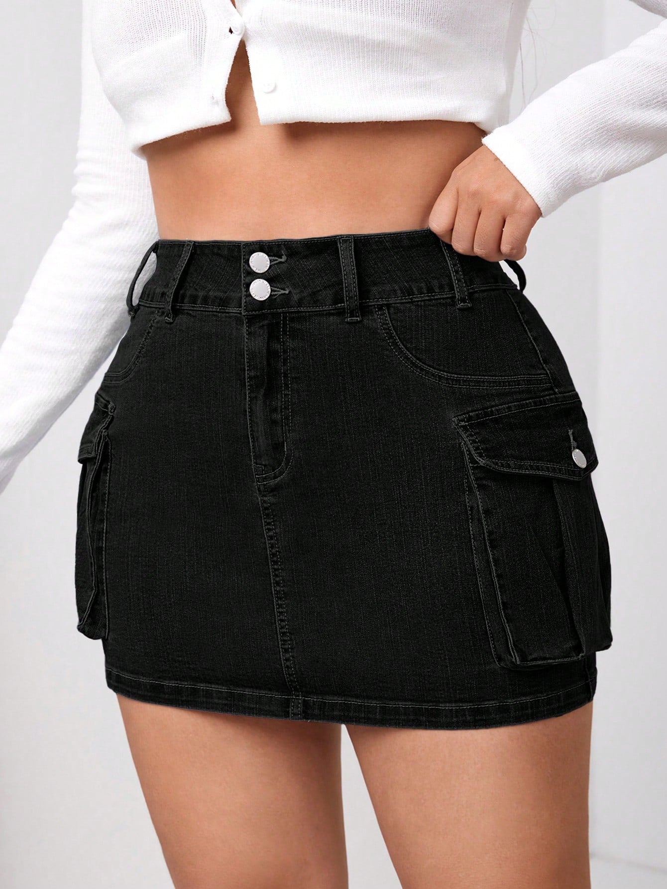 Women'S Plus Size Solid Color Folded Pocket Denim Skirt