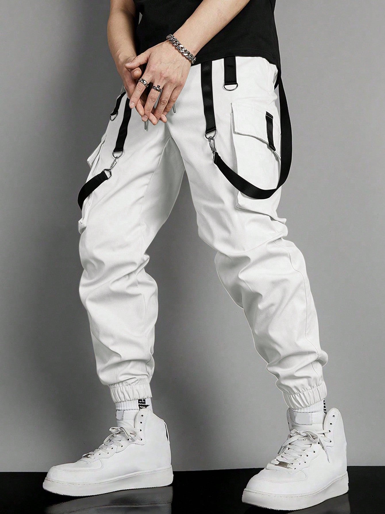 Men Flap Pocket Buckle Detail Cargo Pants Long Slacks Plain All White Going Out