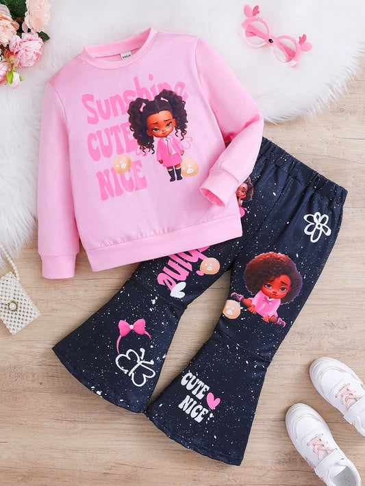 Young Girl Letter & Figure Graphic Pullover & Flare Leg Pants