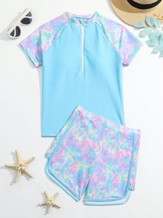 Tween Girl Zipper Front Raglan Sleeve Tie Dye Top & Shorts Rashguard Summer Beach