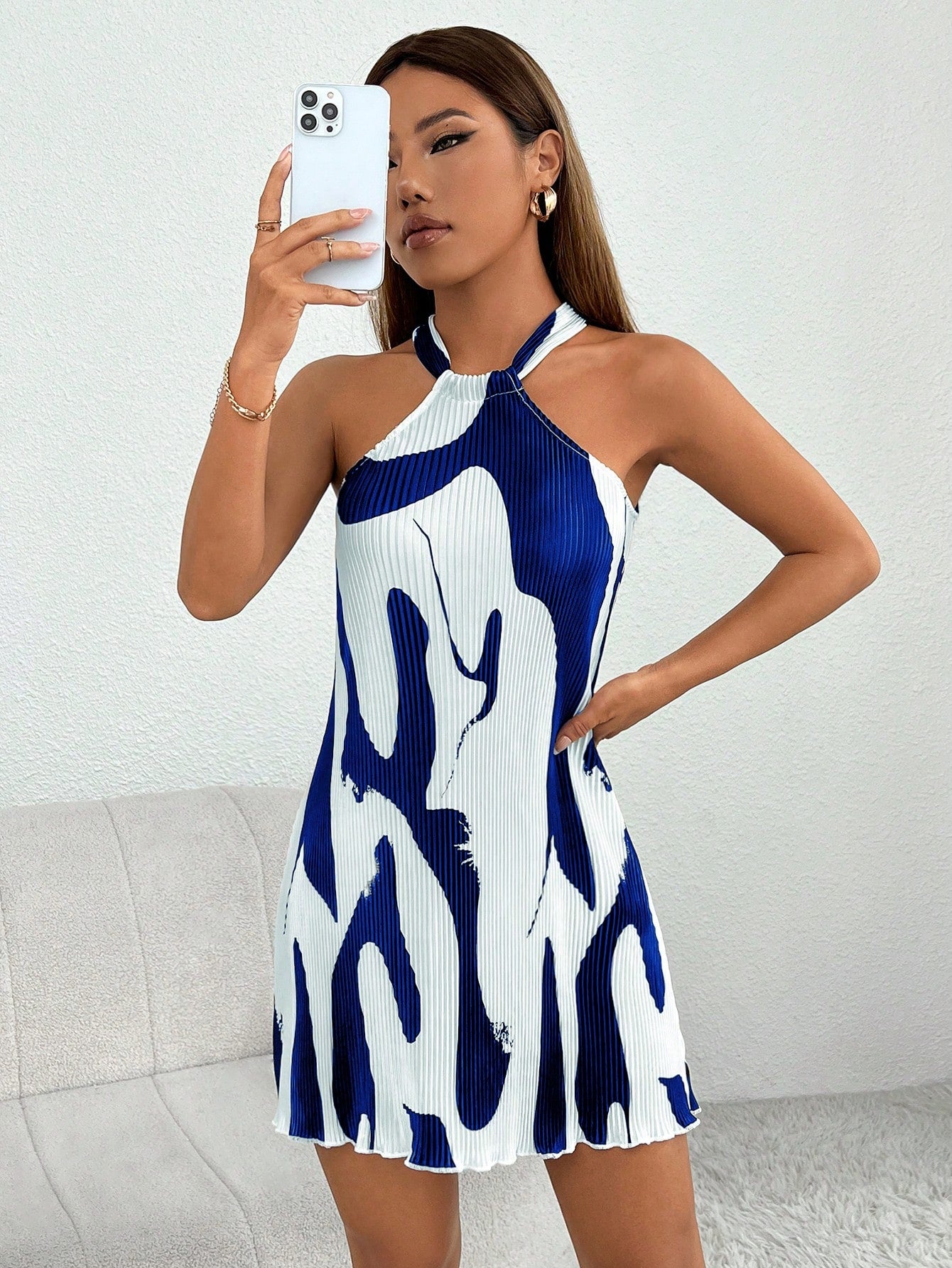 PETITE Graphic Print Lettuce Trim Halter Short Summer Dress