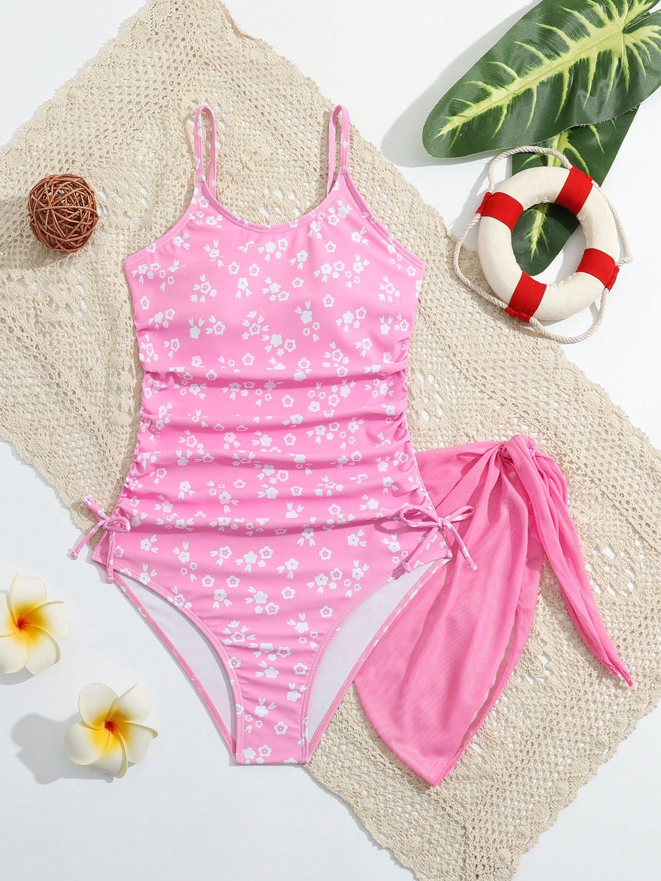 Tween Girl Vacation Ditsy Floral Side Bow Decor Casual Jumpsuit Swimsuit With Cover-Up Skirt