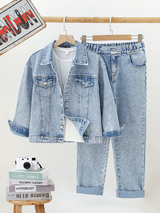 Tween Boy Flap Detail Denim Jacket & Jeans Without Tee