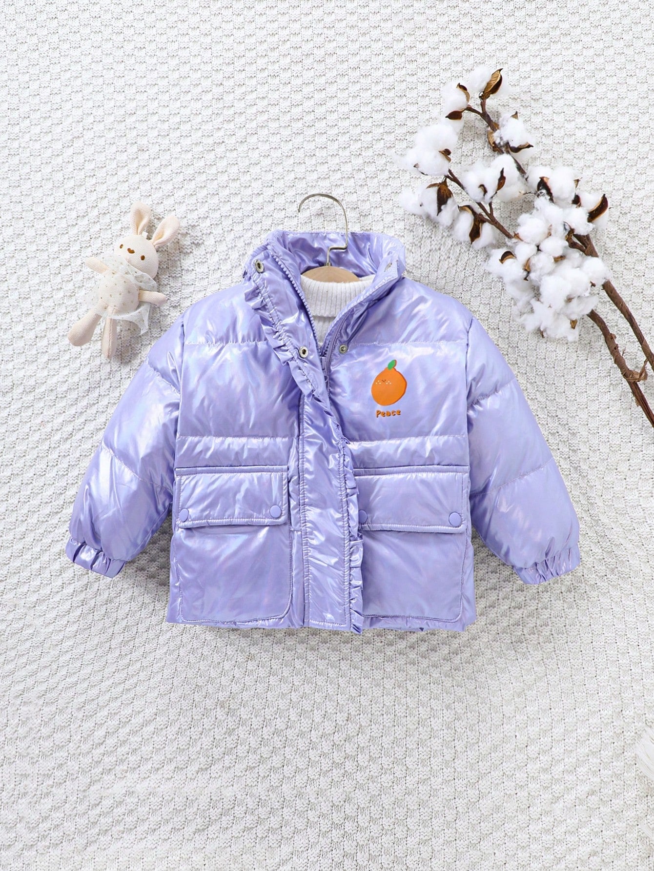 Young Girl Cartoon Graphic Frill Trim Flap Pocket Winter Coat