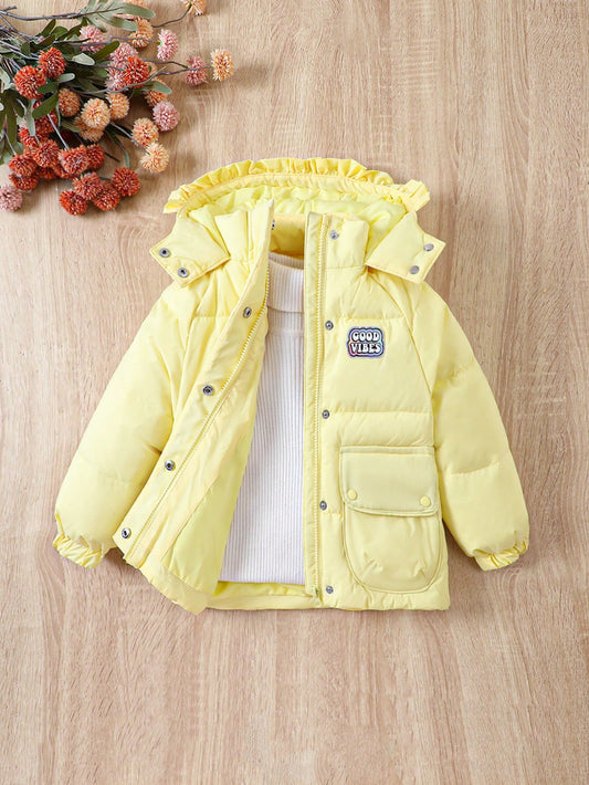 Young Girl Letter Patched Flap Pocket Raglan Sleeve Hooded Puffer Coat Without Sweater