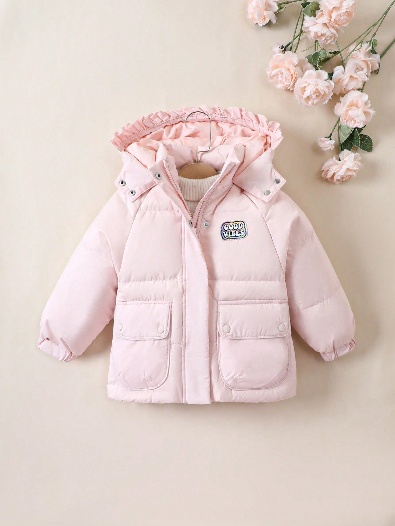 Young Girl Baby Letter Patched Detail Flap Pocket Raglan Sleeve Hooded Down Coat