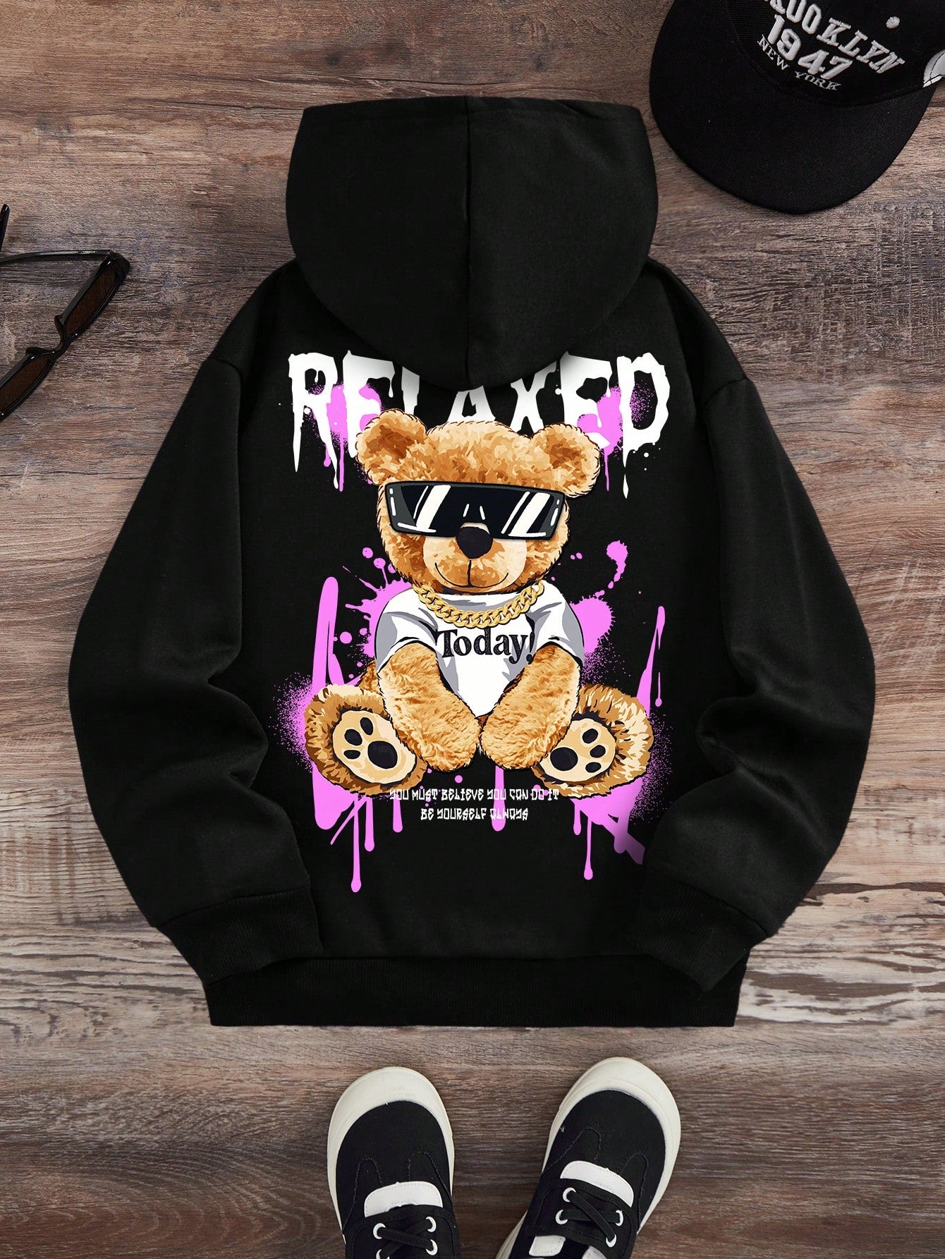 Teen Boy Bear & Slogan Graphic Hoodie