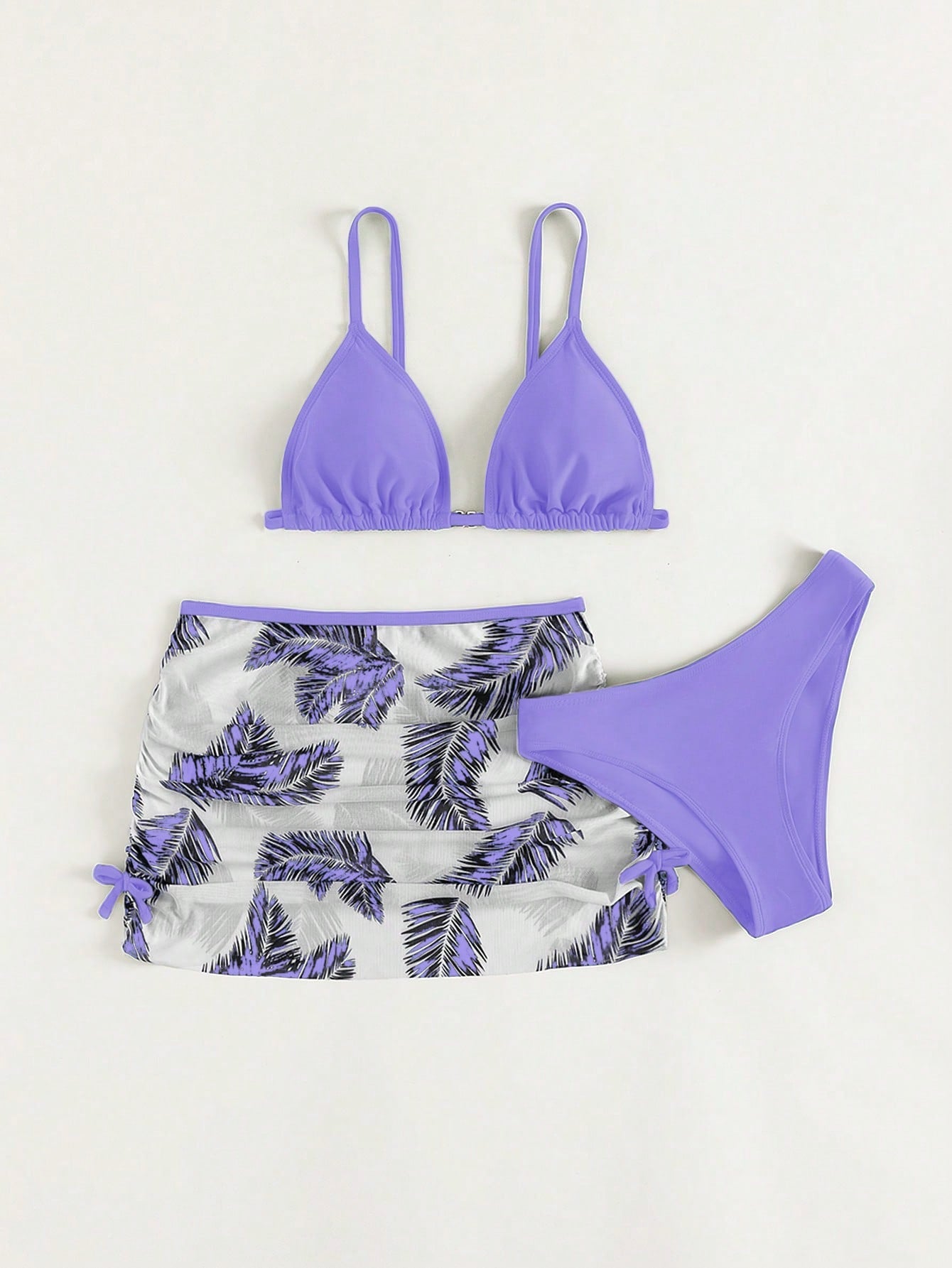 Teen Girl 3-Piece Set Spaghetti Straps Triangle Palm Leaf Print Bikini Set Summer Beach