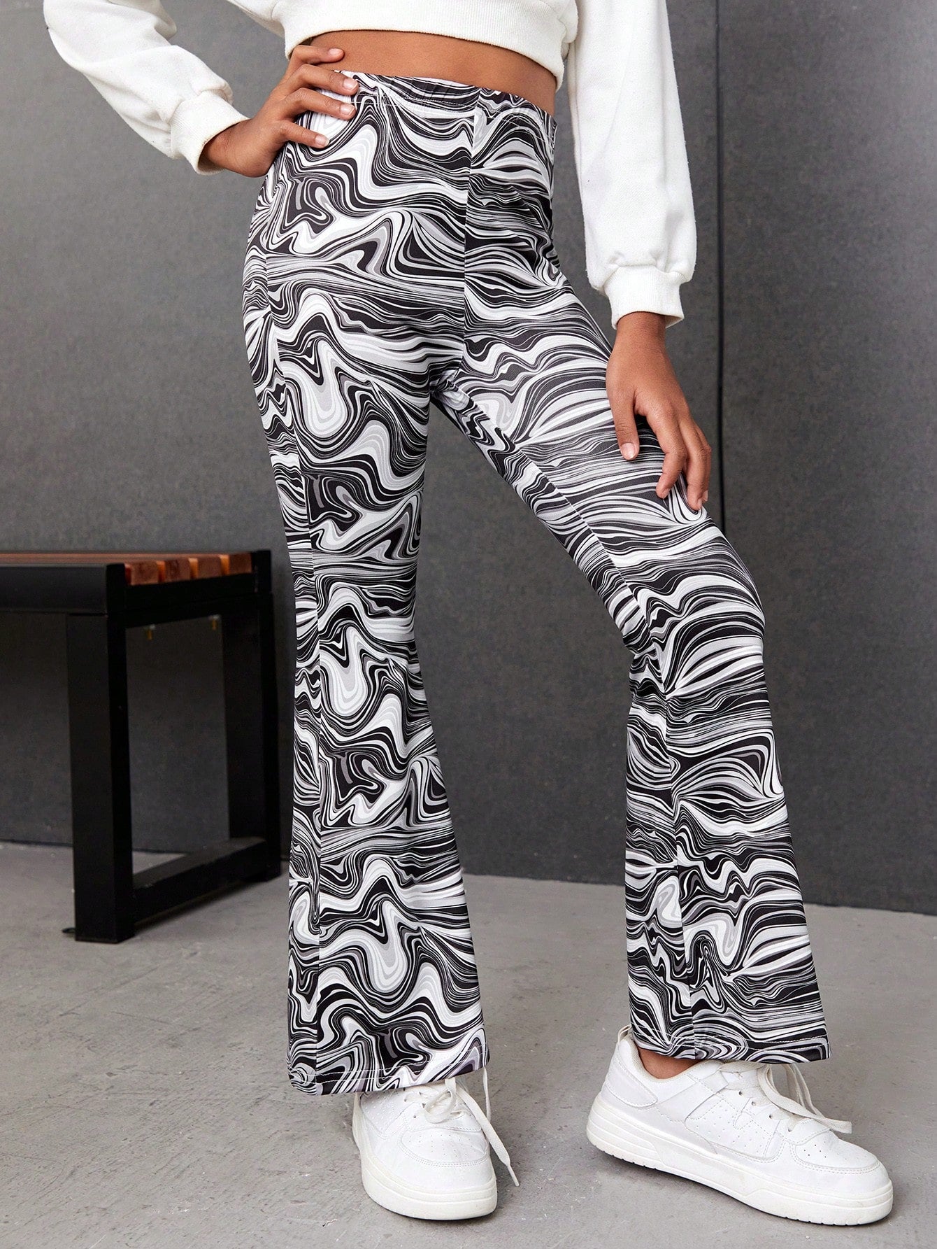 Tween Girls' Casual Printed Knitted Slim Bell-bottoms Pants For Daily Wear