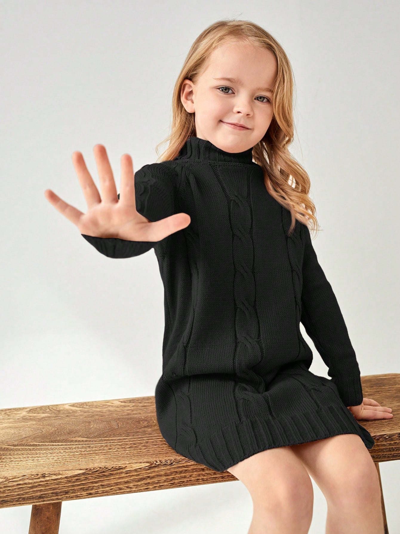 Young Girl Raglan Sleeve Cable Knit Sweater Dress