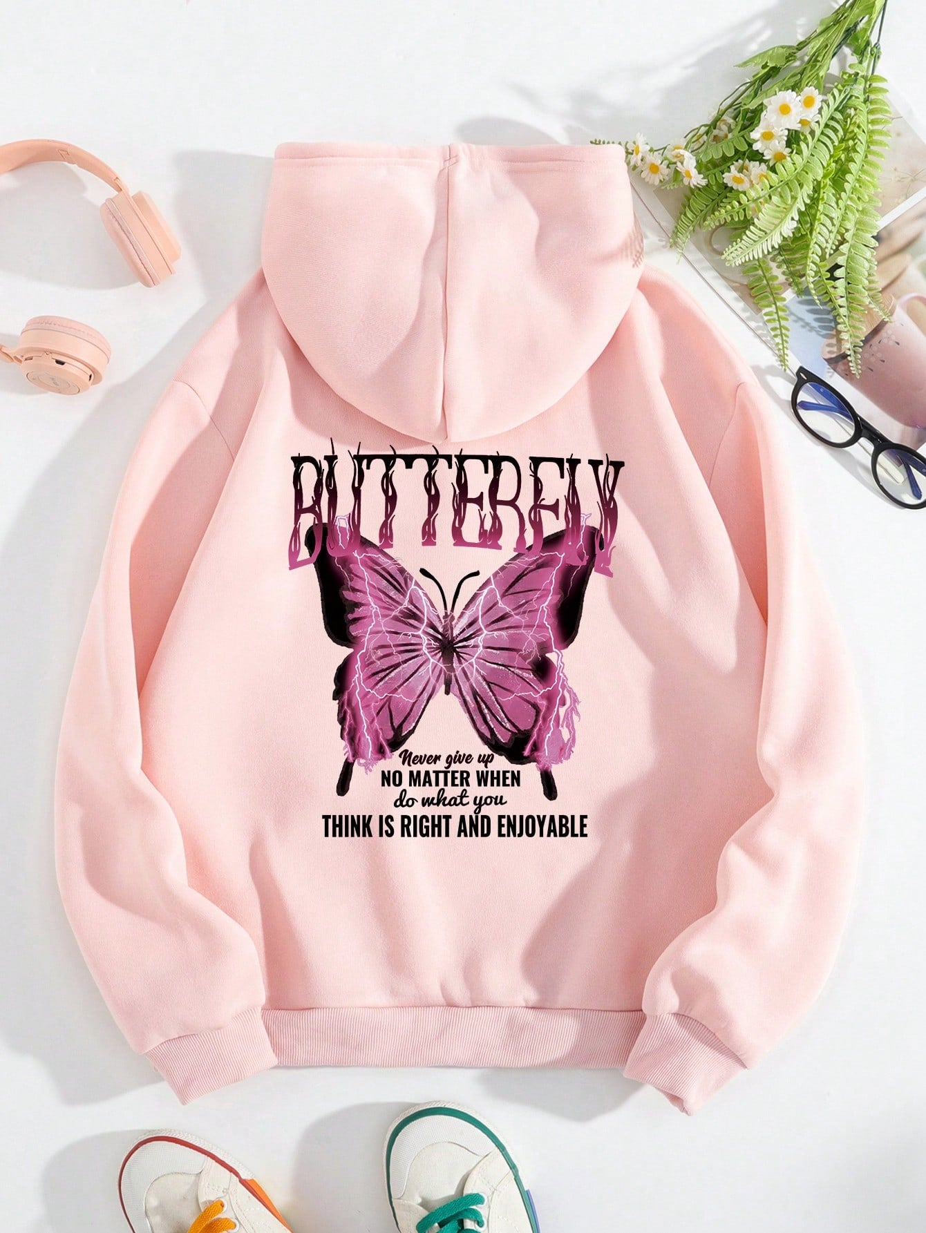 Butterfly And Slogan Graphic Drop Shoulder Drawstring Hoodie BUTTERFLY Never Give Up NO MATTER WHEN Do What You THINK IS RIGHT AND ENJOYABLE