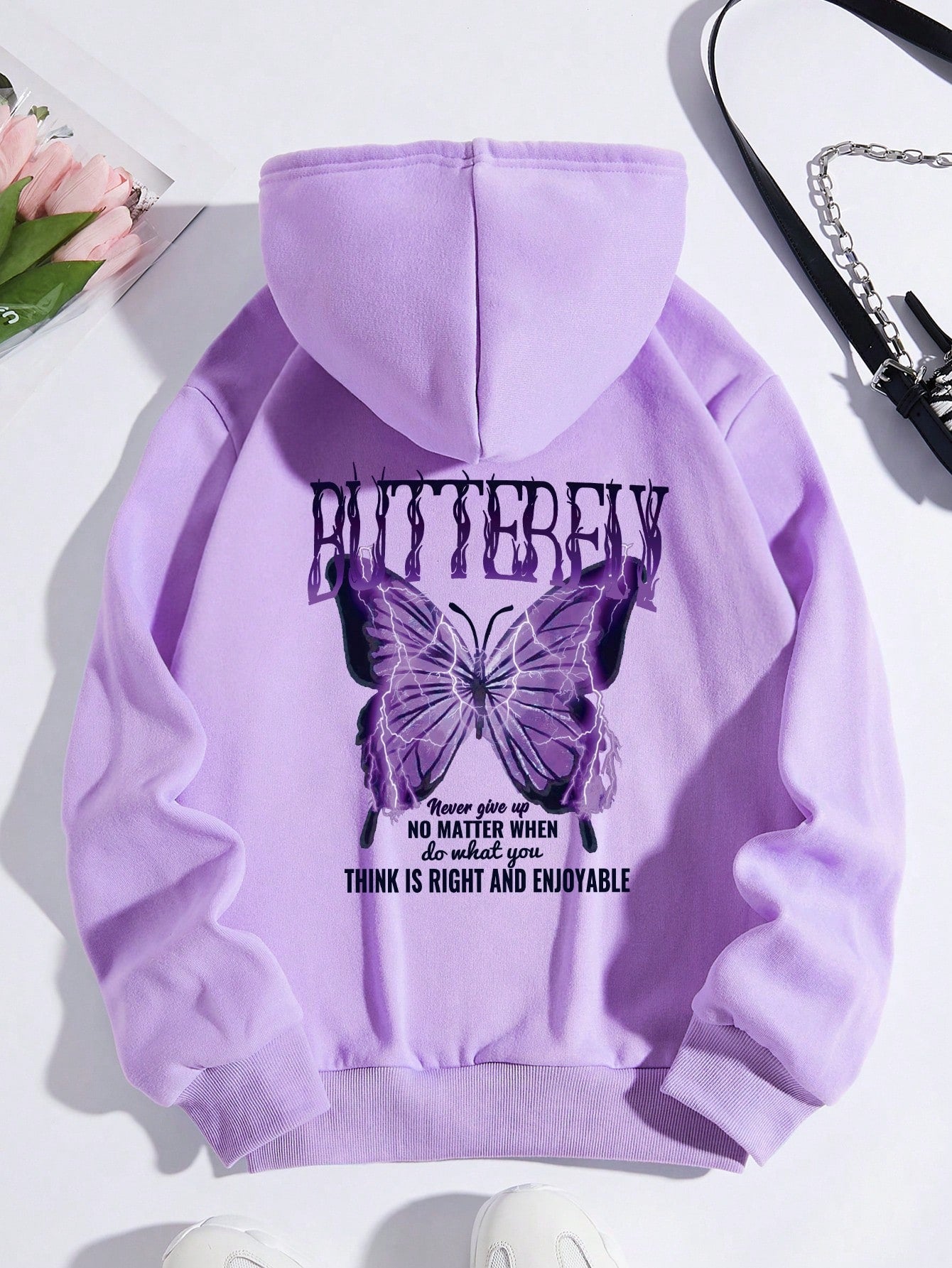 Butterfly And Slogan Graphic Drop Shoulder Drawstring Hoodie BUTTERFLY Never Give Up NO MATTER WHEN Do What You THINK IS RIGHT AND ENJOYABLE