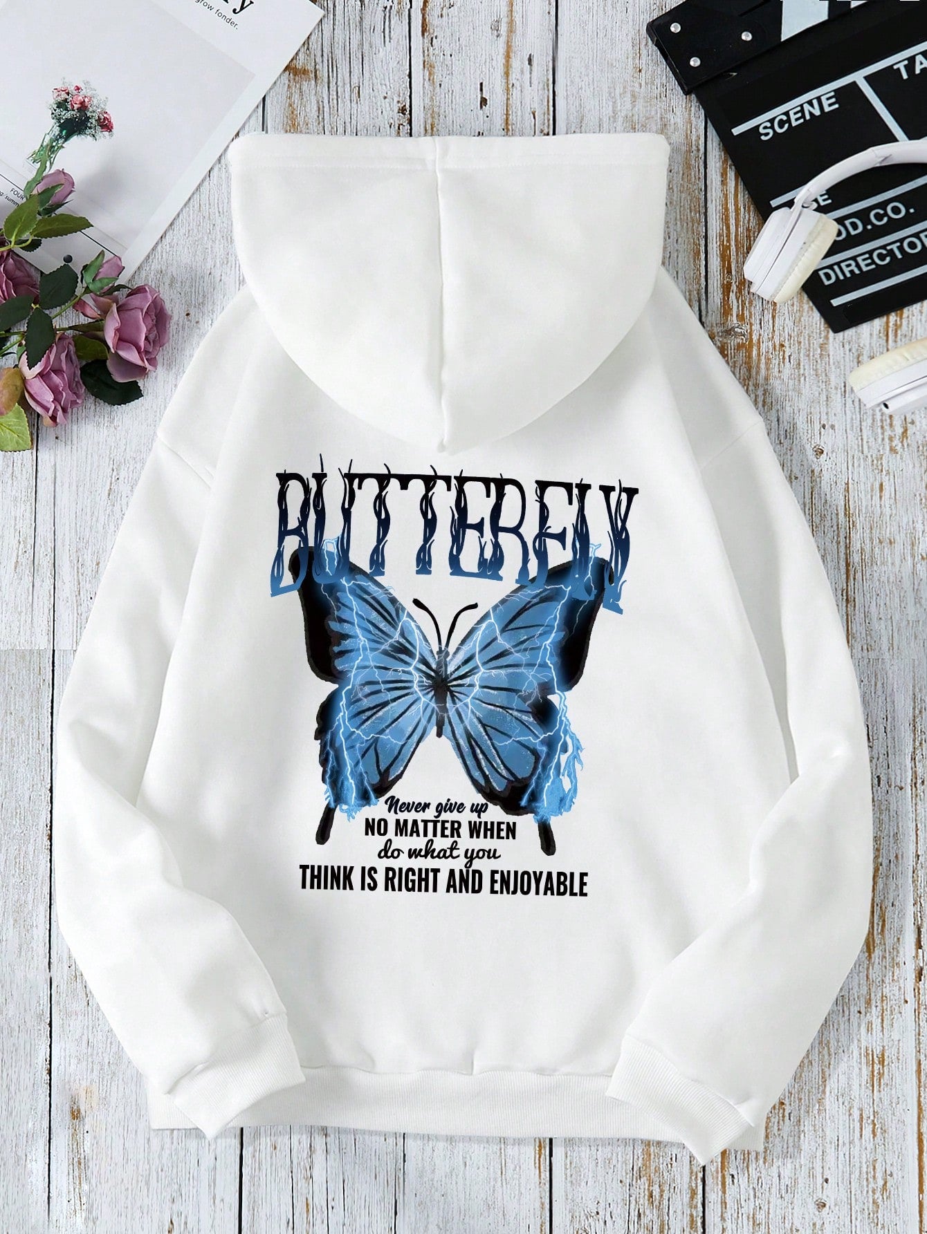 Butterfly And Slogan Graphic Drop Shoulder Drawstring Hoodie BUTTERFLY Never Give Up NO MATTER WHEN Do What You THINK IS RIGHT AND ENJOYABLE