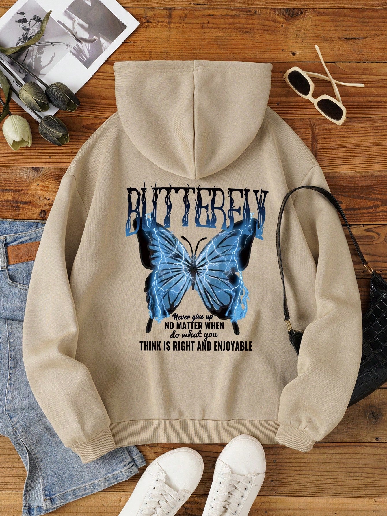 Butterfly And Slogan Graphic Drop Shoulder Drawstring Hoodie BUTTERFLY Never Give Up NO MATTER WHEN Do What You THINK IS RIGHT AND ENJOYABLE