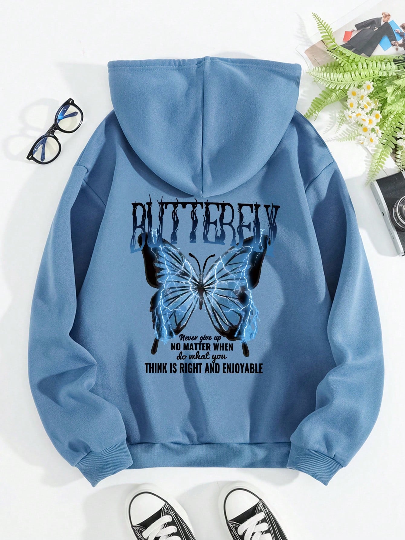 Butterfly And Slogan Graphic Drop Shoulder Drawstring Hoodie BUTTERFLY Never Give Up NO MATTER WHEN Do What You THINK IS RIGHT AND ENJOYABLE