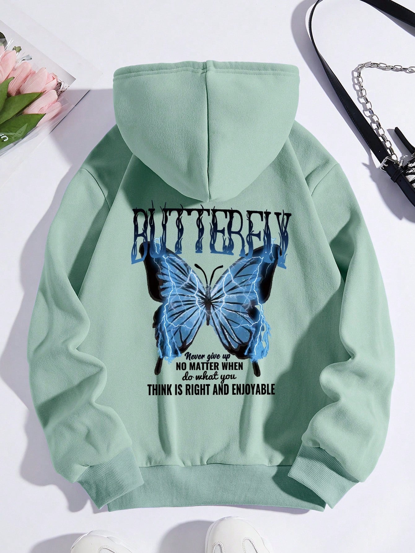 Butterfly And Slogan Graphic Drop Shoulder Drawstring Hoodie BUTTERFLY Never Give Up NO MATTER WHEN Do What You THINK IS RIGHT AND ENJOYABLE