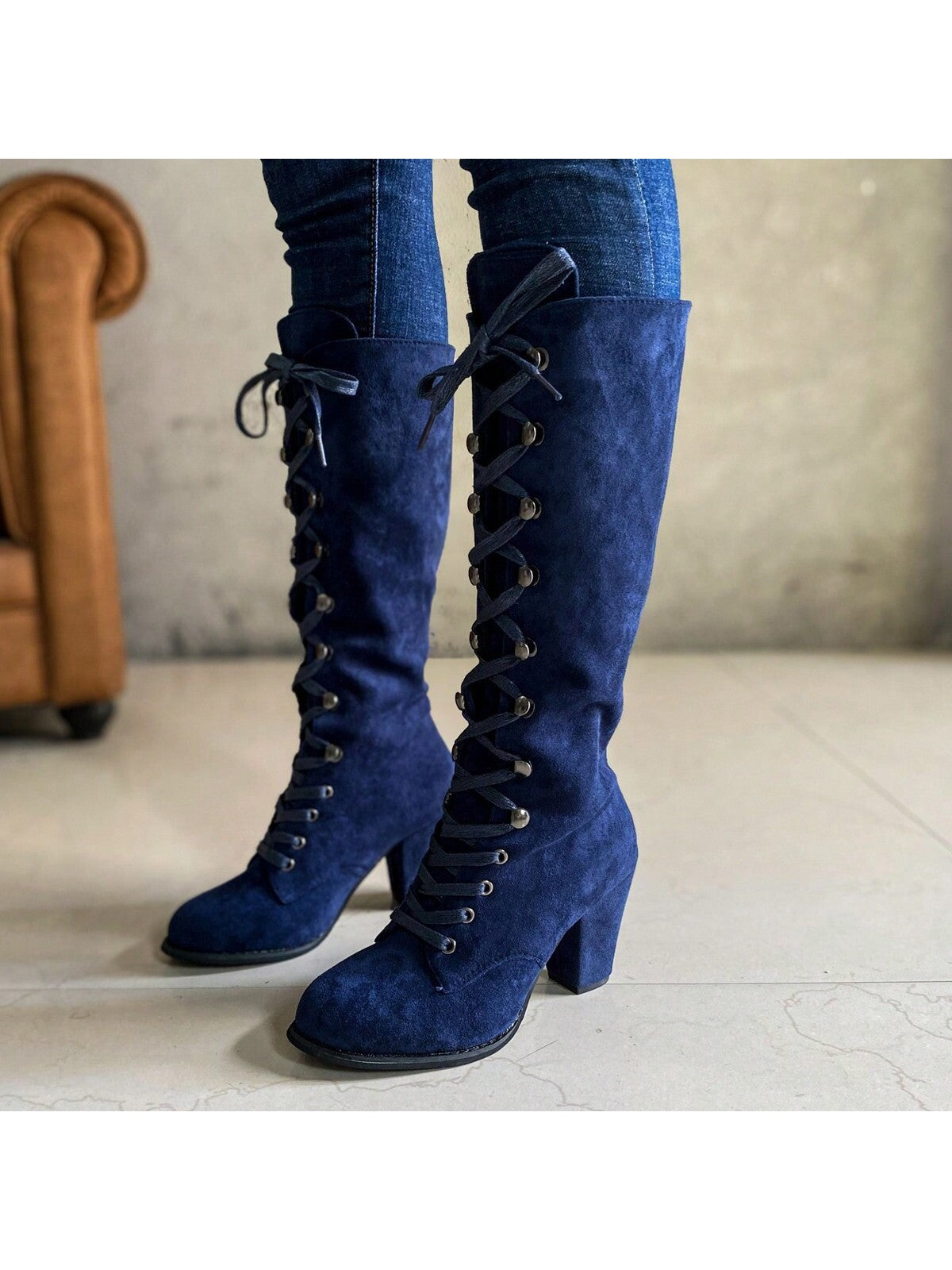 Women Fashionable Lace-Up Chunky Suede Mid-Calf Boots, Winter Boots, High Heels, Woman Shoes Fall