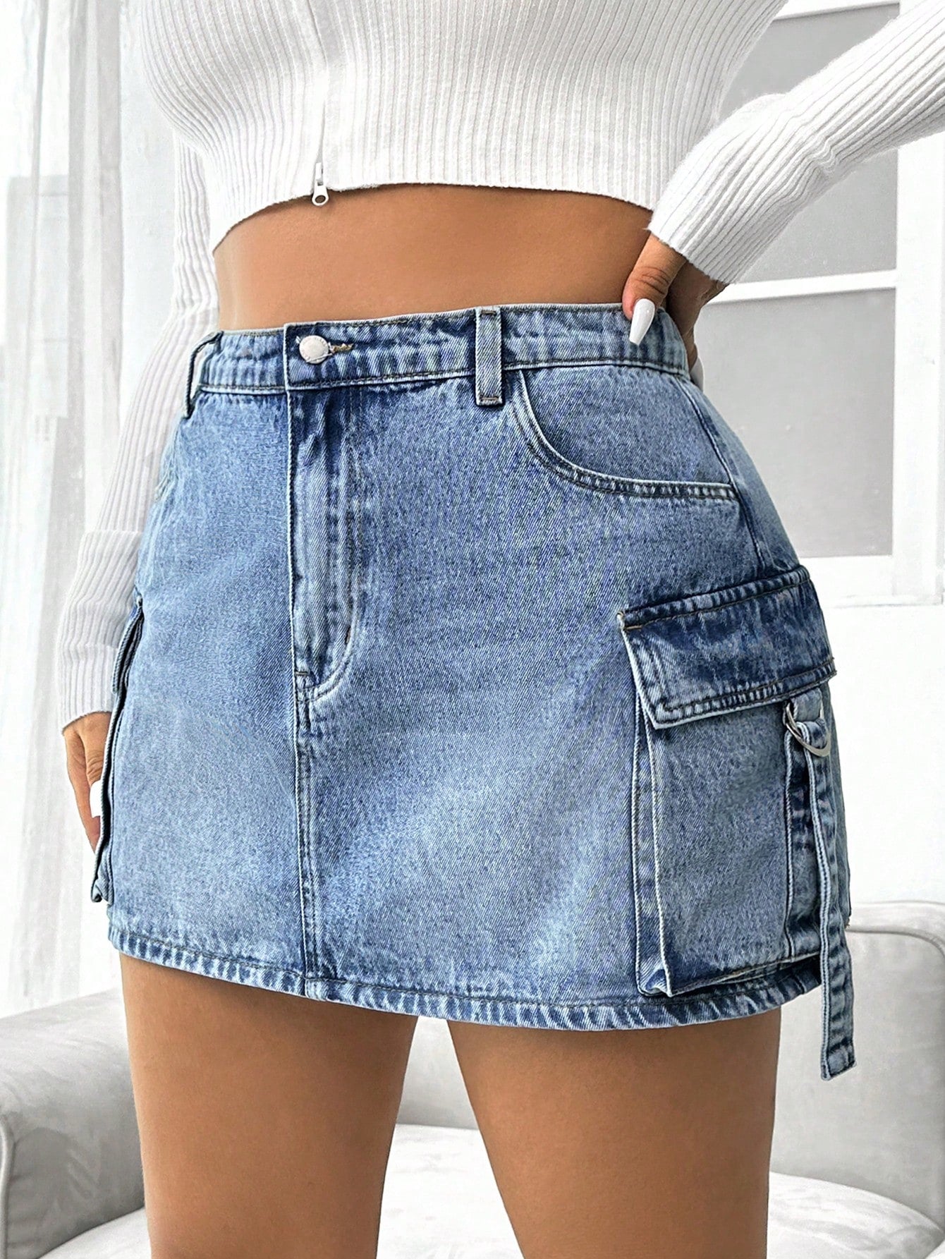 Plus Size Solid Color Denim Skirt With Pockets, Summer