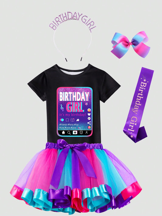 Young Girl Birthday Music T-Shirt And Colored Tulle Skirt Set With Headband, Hair Clips, And Satin Ribbon