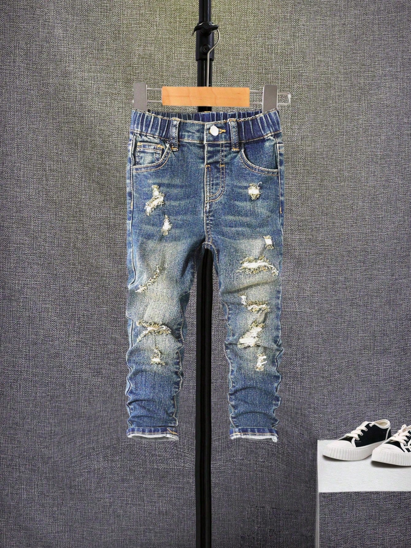 Young Boy Ripped Frayed Raw Trim Jeans