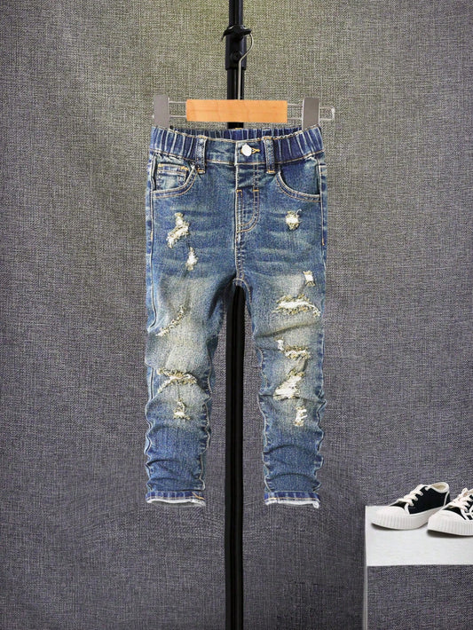 Young Boy Ripped Frayed Raw Trim Jeans