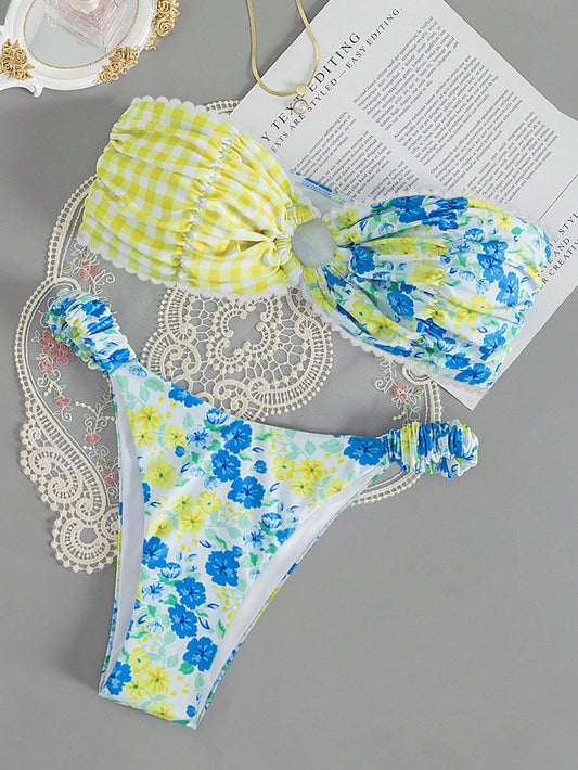 Swim Mod Summer Beach Floral Print Bandeau Bikini Set